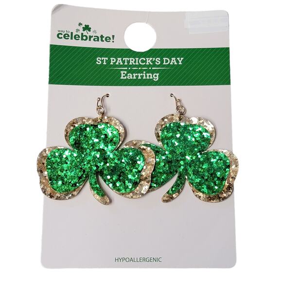 St Patricks Day Earrings 3 Leaf Clover Green Gold Glitter Dangle Sparkly Holiday - Picture 4 of 5